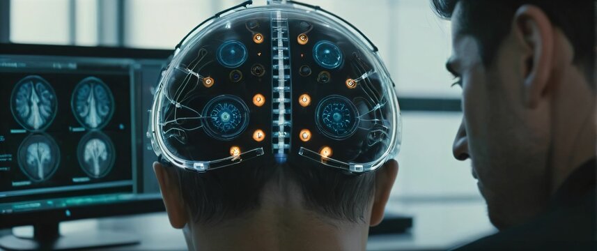 Closeup of a futuristic AI brain interface with sharpeyed engineers monitoring its neural pathways