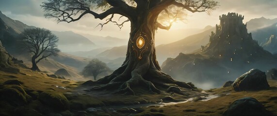 Fantasy landscape with an ancient tree glowing with magic runes