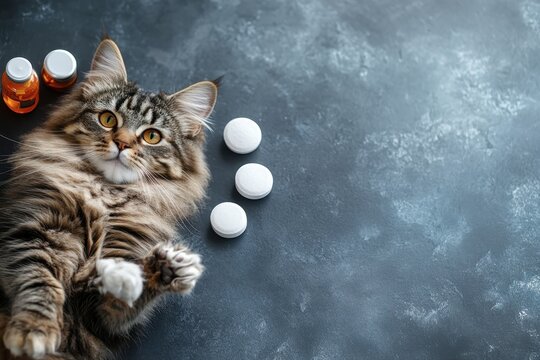 A playful cat lounging next to health supplements on a textured surface in a cozy environment