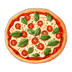 Delicious pizza topped with fresh basil and cherry tomatoes, featuring golden crust and rich tomato sauce, perfect for any meal