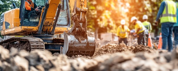 Excavator leveling ground on a busy construction site with workers directing the operation