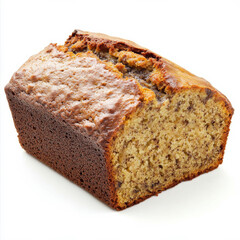 A slice of freshly baked banana bread, isolated on a white background, showcasing a sweet and moist treat