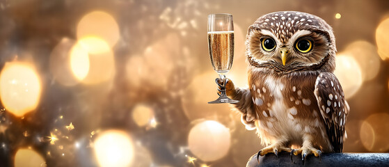 wild owl cuttie holding a glass of champaigne isolated over bright golden festive background with bokeh effect; funny greeting card, sylvester, birthday or other celebration advertising