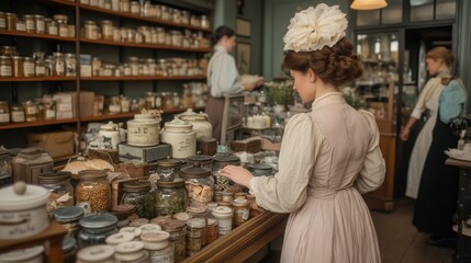 19th century chicago store interior with vintage jars and period clothing for historical design