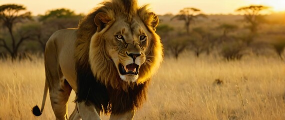 Majestic lion roaring in the golden light of a savanna sunset eyes sharp and full of emotion