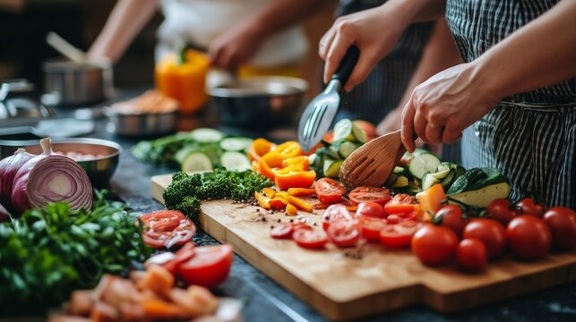 Friends engaged in a lively cooking class, learning healthy meal preparation techniques, sharing laughter and tips on weight management, fostering camaraderie and wellness.