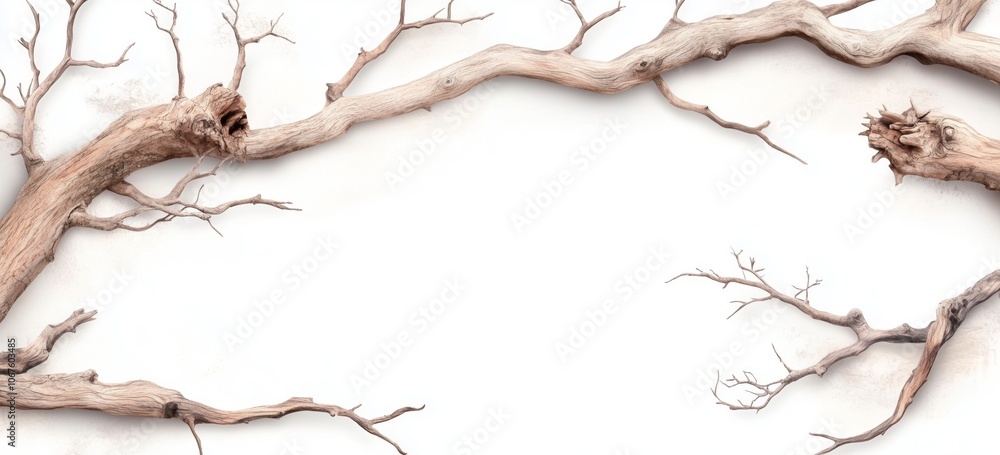 Poster detailed line drawing of intricate bare tree branches in minimalist composition