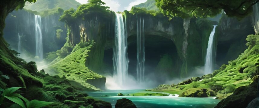 Surreal fantasy landscape with inverted waterfalls and lush greenery