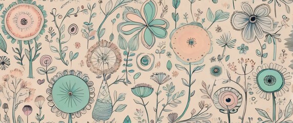 Whimsical artistic wallpaper with playful doodles in pastel colors