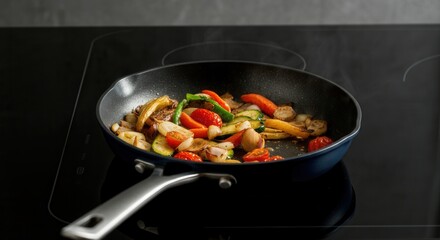Sizzling stir-fry vegetables in modern kitchen