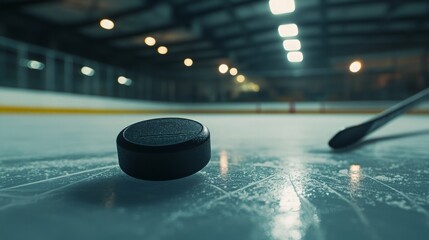 Hockey Puck on Ice, a hockey puck lies on a smooth ice rink surface, with a stick poised in the background, capturing the essence of the game and anticipation.