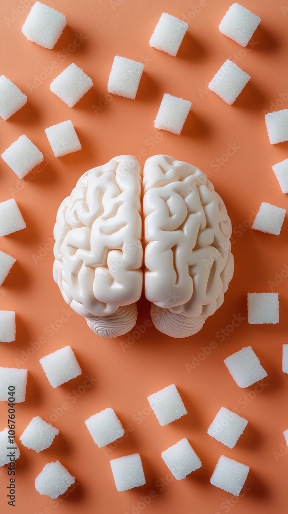 Poster white sugar cubes are surrounding a plastic anatomical model of a human brain placed on an orange ba