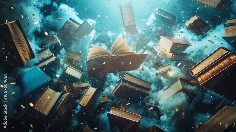 Poster floating books in surreal cloudscape with dynamic lighting