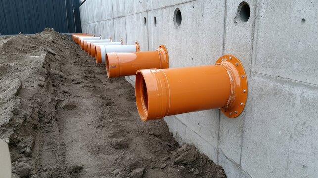 Workers laying new water lines connect orange pipe to white concrete pipes in a construction site