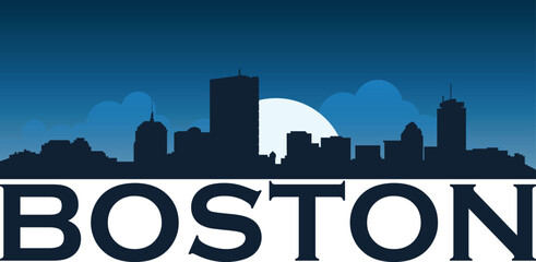 Fototapeta premium Dark blue colored city skyline of city of Boston in the moonlight with inscription of the name of the city