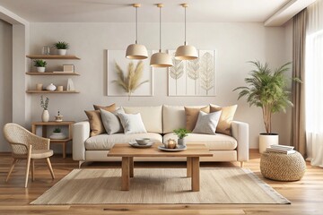 A light beige living room with a couch, coffee table, wooden shelves, and hanging lights. Plants and wicker furniture are also visible.