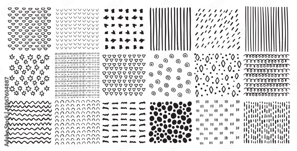 Poster square patterns set. hand drawn doodle style patterns. hatched squares abstract drawing technic, geo