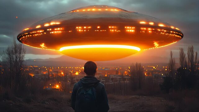 A young man faces an illuminated UFO hovering low over a cityscape, casting an eerie light in the evening sky