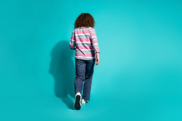 Rear view photo of fashion model young curly brunette hair woman in casual outfit going copyspace...