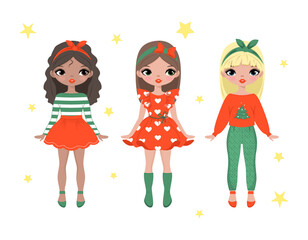 Cute girls. Cartoon girl. Fashion dolls. Christmas, New Year. Set, collection. Vector illustration isolated on white background.Poster, print, t shirt design, typography, greeting card, textile. Child