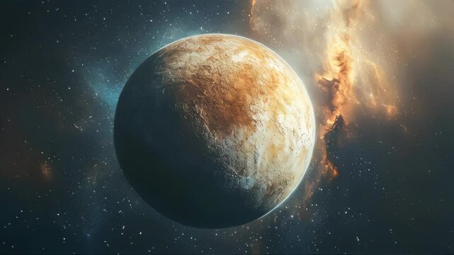 Realistic planet with detailed surface texture against a starry cosmic background