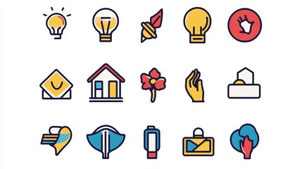 A set of outline vector icons representing international assistance, featuring themes like social volunteering, charity, and care.