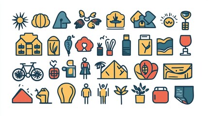 A set of outline vector icons representing international assistance, featuring themes like social volunteering, charity, and care.