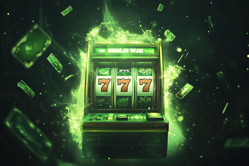 Slot machine surrounded by green glowing light and flying dollar bills creating a vibrant casino theme  
