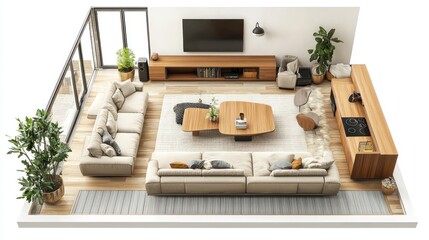 Spacious living room 3D render featuring sectional sofa, coffee table, and entertainment center, floor plan isolated white