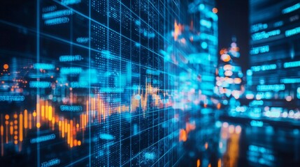 Abstract data visualization with digital cityscape overlay