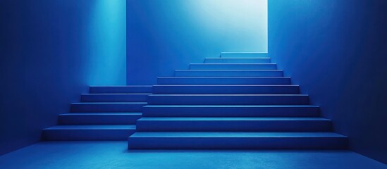 Fototapeta premium Blue stairs leading up to a bright light in a modern space.