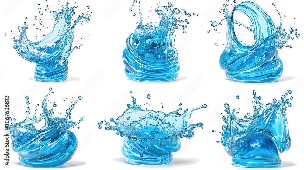 Poster blue water splashes with bubbles on transparent background generative ai