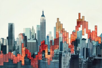 Fototapeta premium Real estate and financial market crisis, illustrated through falling graphs and urban landscapes