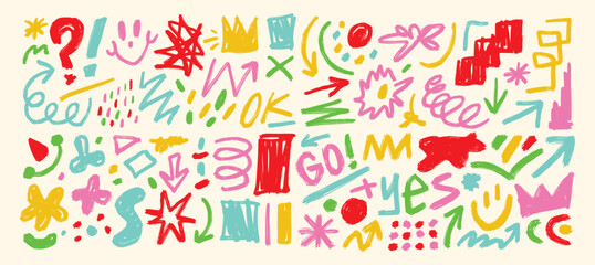 Hand drawn organic grunge bold shapes, curved lines and dots vector set. Geometric set in Memphis style. Grunge swirled brush stroke, curly and straight lines.