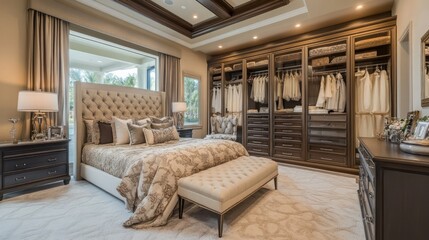 Naklejka premium Elegant luxury bedroom suite, spacious walk-in closet, plush furnishings, sophisticated decor, serene ambiance, ideal for relaxation and comfort, modern design elements, inviting atmosphere