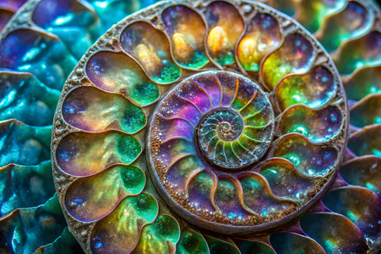 A close-up of a colorful, iridescent nautilus shell displaying a beautiful spiral pattern and shimmering hues of blue, green, and purple.