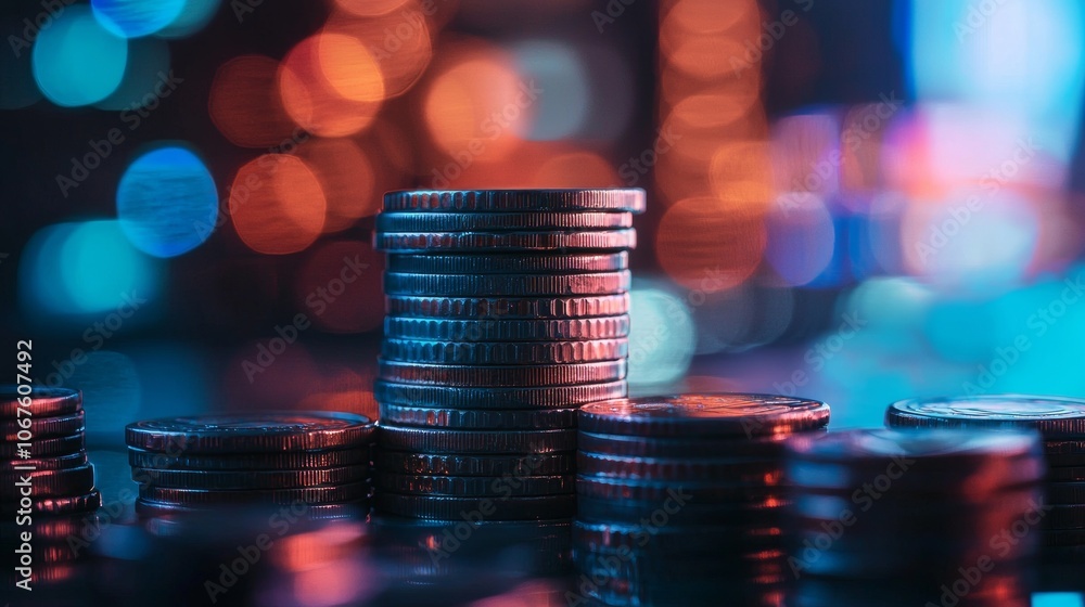 Poster stacked coins with colorful bokeh lighting in background