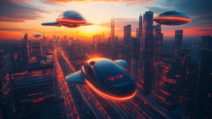 Fleet of Futuristic Flying Cars in Neon-Lit City at Sunset &ndash; Sci-Fi Urban Transport Concept