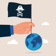 Hand holding pirate flag on the top of a globe earth. Power, ambition. Winning world business success, worldwide career development. Flat vector illustration