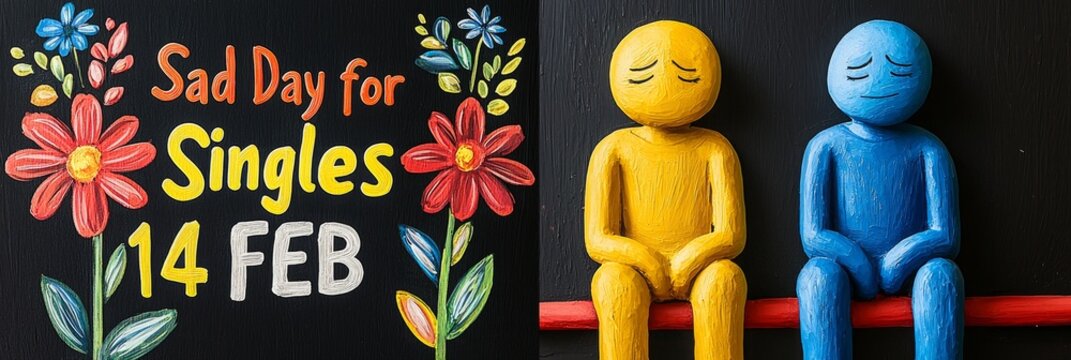 A humorous take on Valentine's Day, with two sad figures painted on a chalkboard. The message above reads 'Sad Day for Singles 14 FEB.'