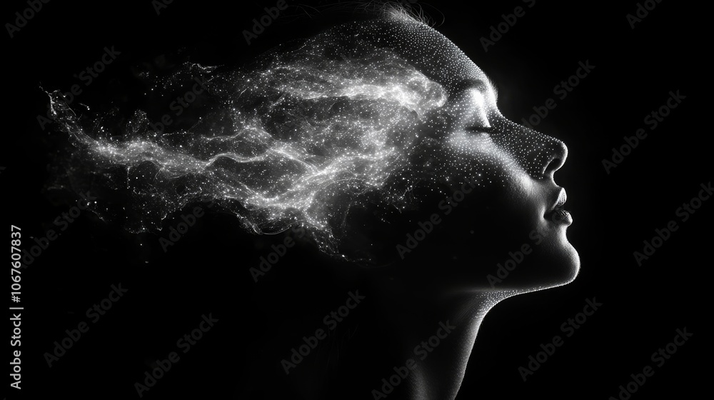 Poster bright dots create a glowing brain silhouette from a thoughtful profile on a dark background