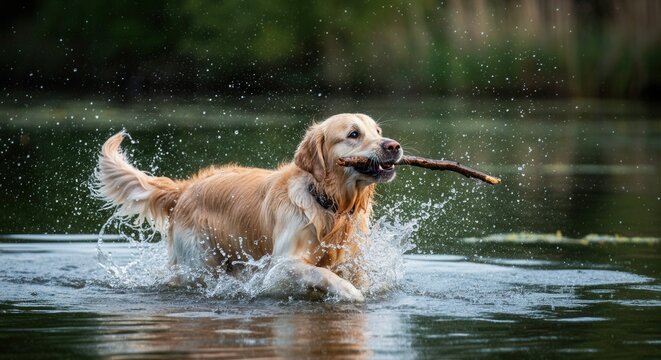 Golden retriever playing fetch in water with splash