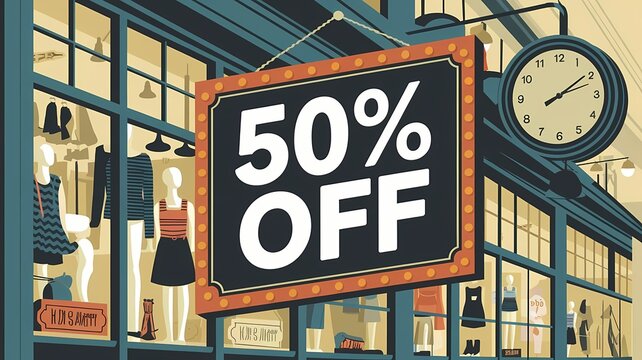 50% off illustration, discount illustration, sale promotion, limited time offer, price reduction, special offer graphic, half price illustration, clearance sale, discount banner, retail discount, sale