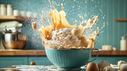 Dynamic baking scene, mixer in motion, batter splattering joyfully, capturing the excitement and chaos of home baking, vibrant kitchen atmosphere, playful culinary creativity