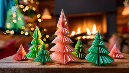 Origami Christmas Trees with Neon Lights and Fireplace
