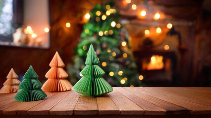 Festive Cabin Interior with Christmas Origami Trees and Bokeh
