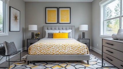Modern Bedroom Interior with Grey and Yellow Decor
