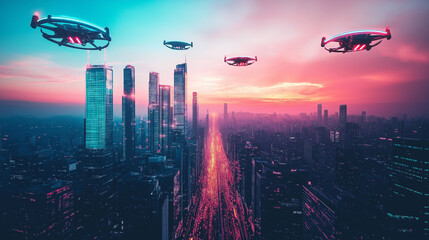 Futuristic City Skyline with Flying Drones and Neon Lights at Sunset