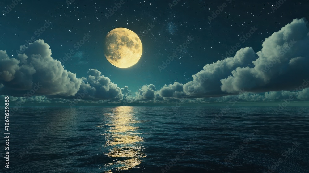 Wall mural romantic moon with clouds and starry sky over sparkling blue water