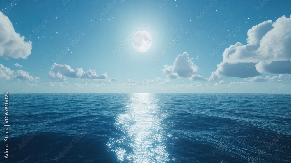 Wall mural romantic moon with clouds and starry sky over sparkling blue water